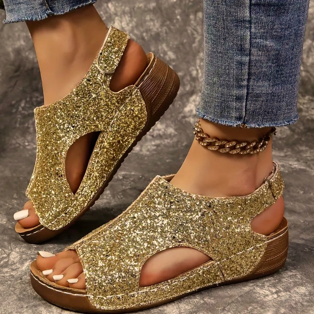 Women’s Sequins Wedge, Sandal Toe cut out